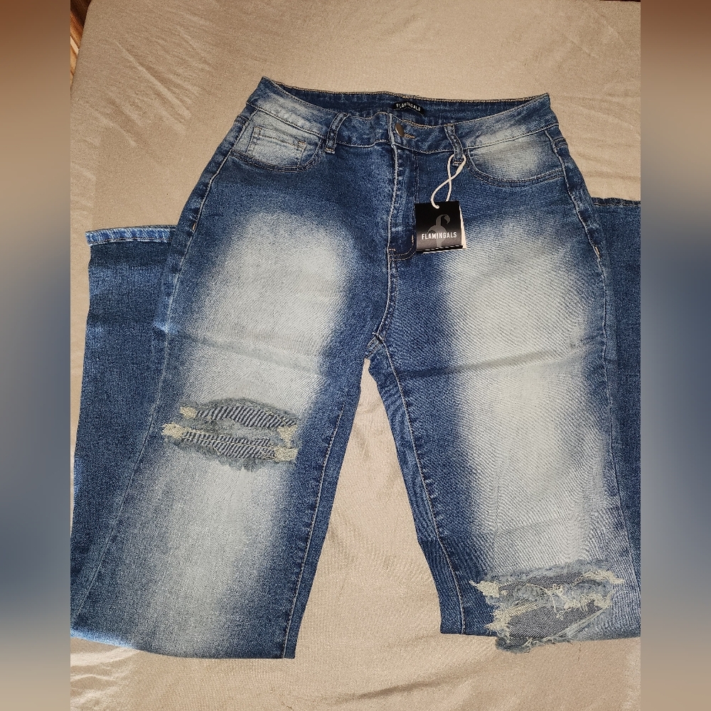 Flamingals Women’s Skinny Distressed Medium Blue Jeans